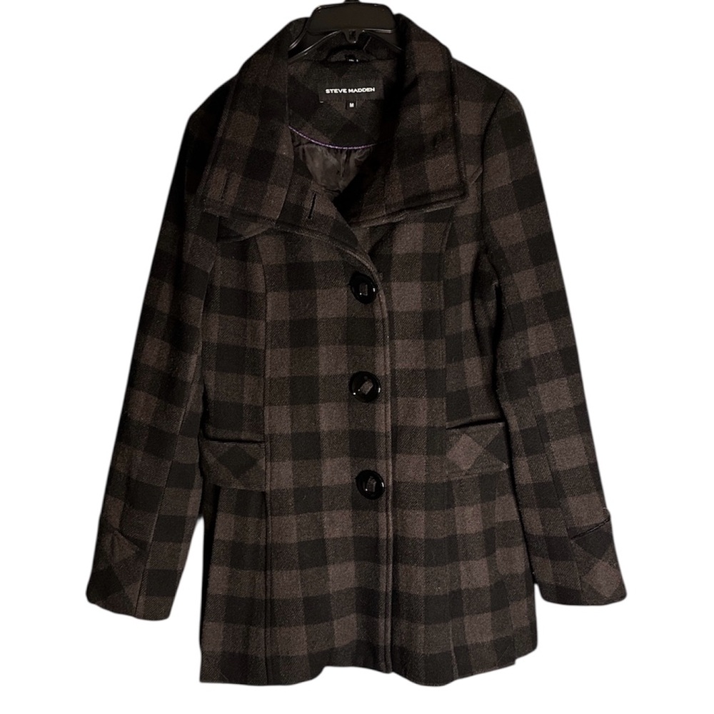 2/$65 Steve Madden Women's Brown Plaid Wool-Blend Peacoat